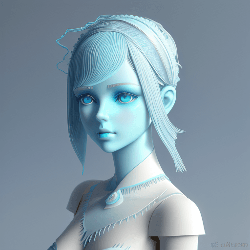 AI generated: 3d ultra-high details mannequin with Paper cut blue hair, with serene colors, delicate waves, Alex G...