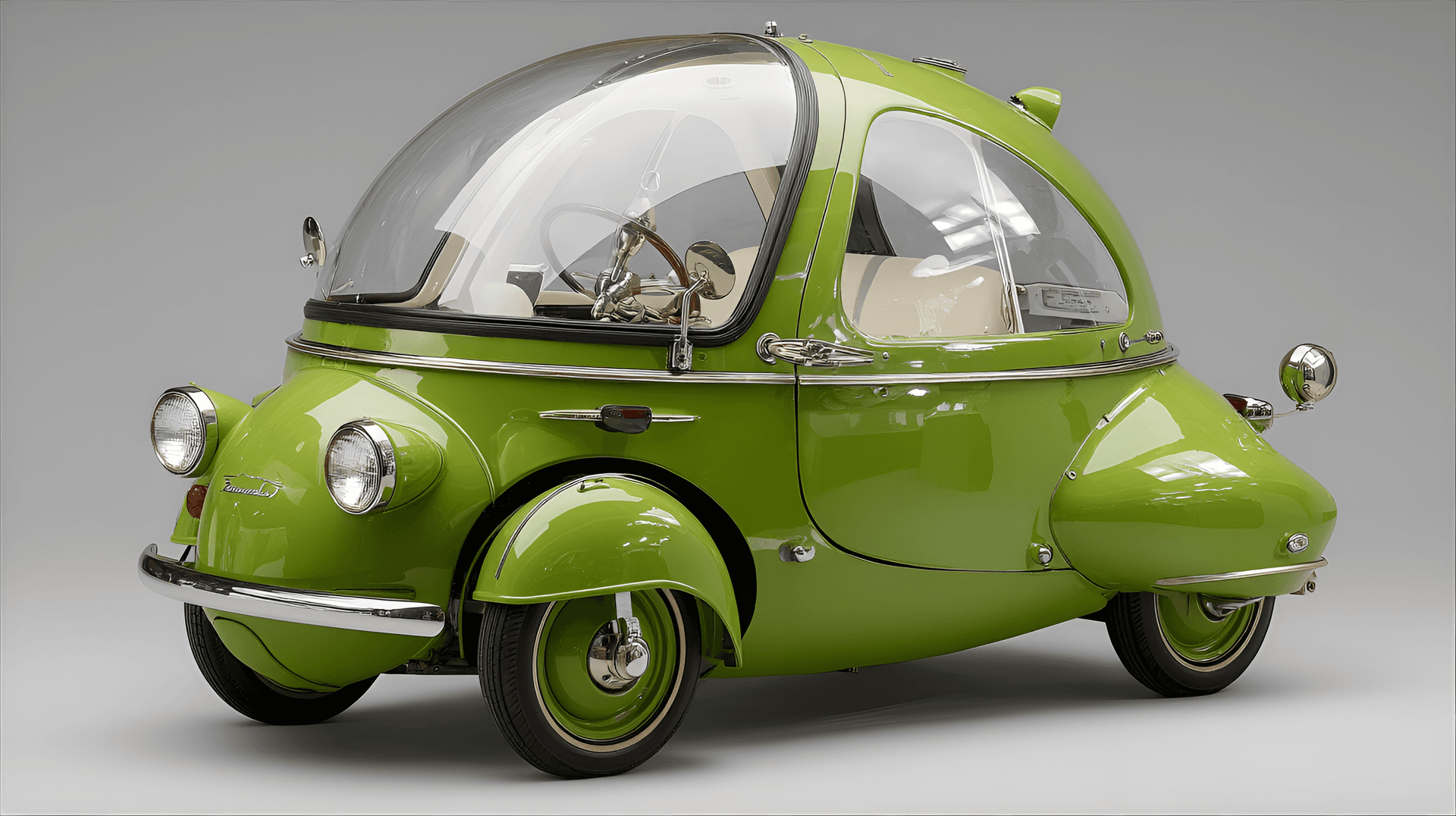 AI generated: compact three-wheeled vehicle with vibrant green exterior, bubble-like transparent canopy, and retro...