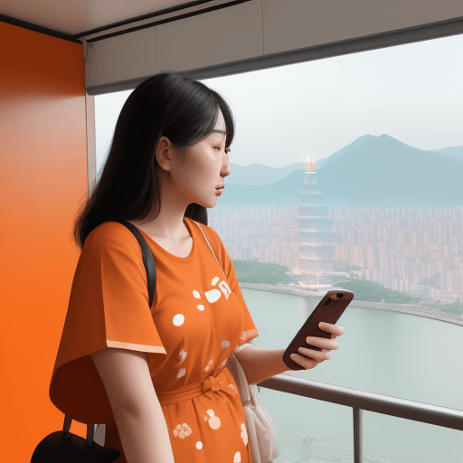 AI generated: Post for social media, eSIM, travel, phone, internet, Taiwan, asian woman, orange and white, simple ...