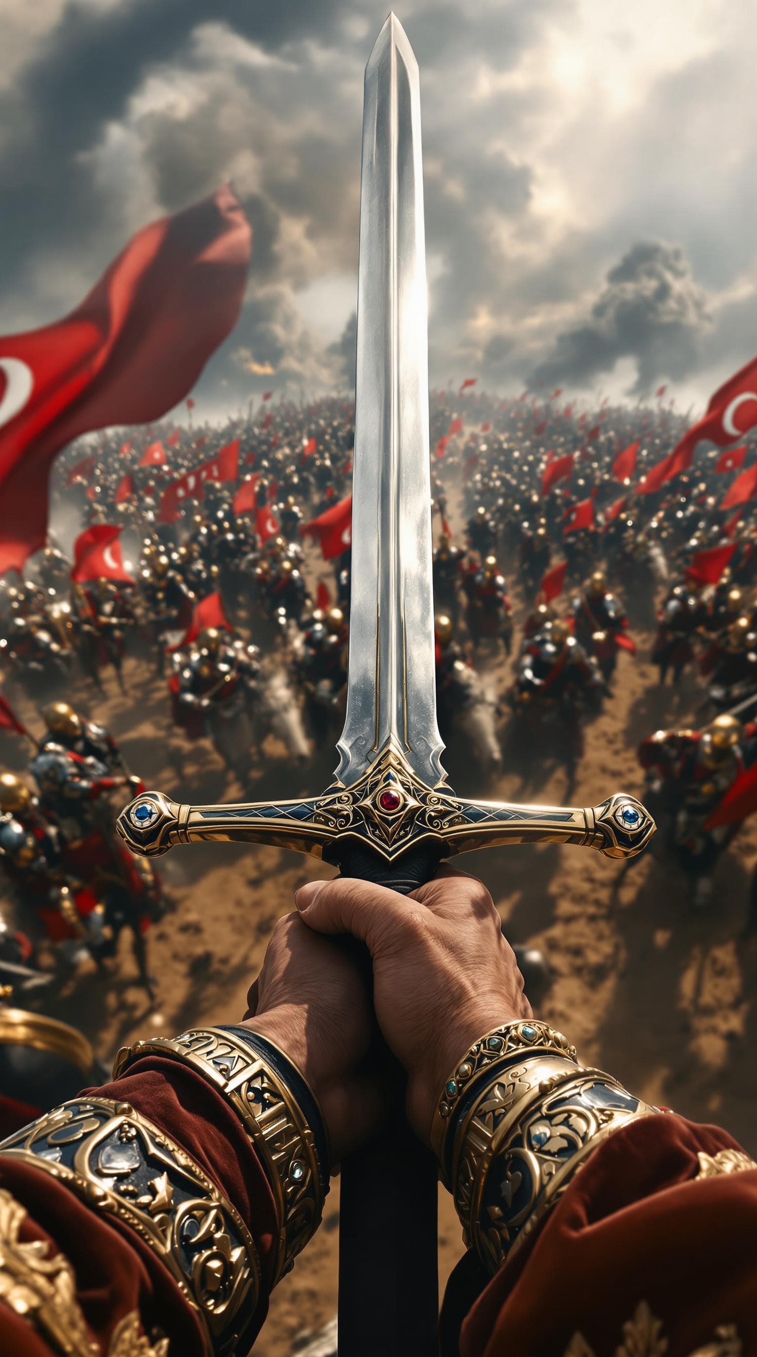 AI generated: First person POV, the Sultan’s hands, adorned with intricately designed Ottoman rings, grip the hilt...