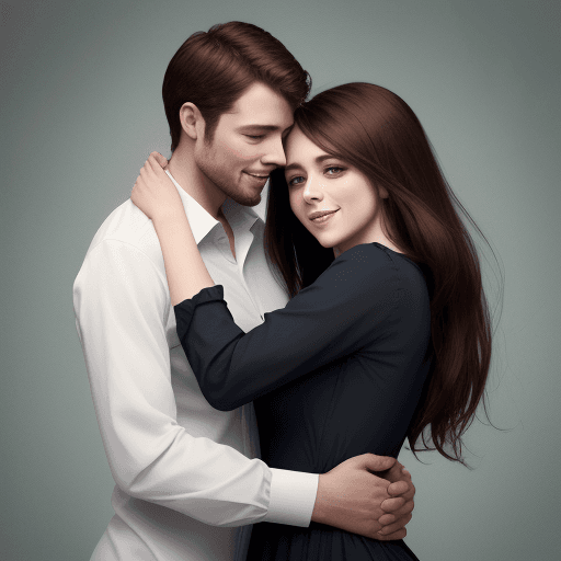 AI generated: A man and a woman. They hug. The woman is dressed in a dress, and the man is dressed in a shirt. a w...