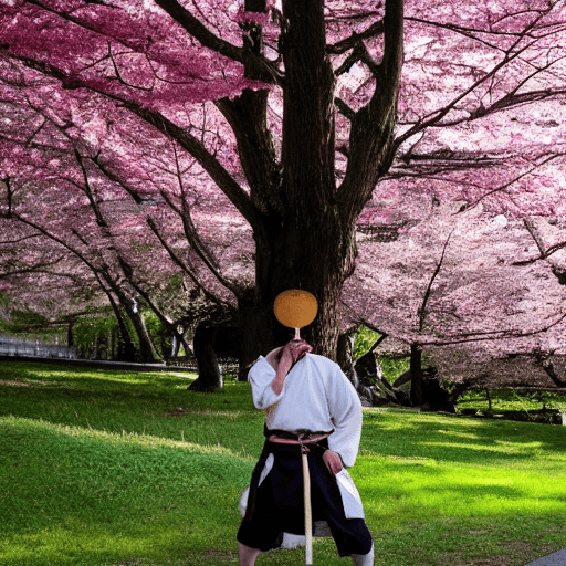 AI generated: full body photo of (old man: 1.1) human (assassin: 1.1) in (classic samurai mask) under a tree (Japa...