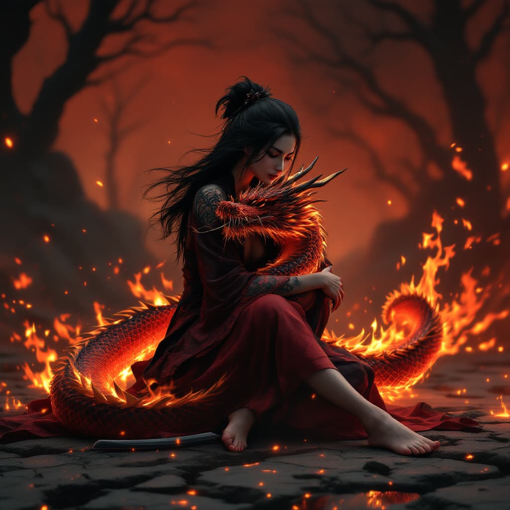 AI generated: female flame warrior with jet black flowing hair and pale skin and tattoos wearing a black and red k...