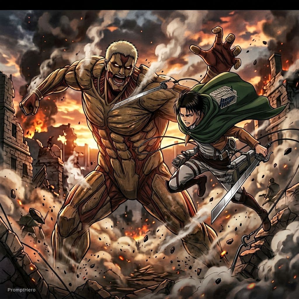 AI generated: masterpiece, cinematic scene, award winning, cinematic angle, Attack on titan, Levi versus armored T...