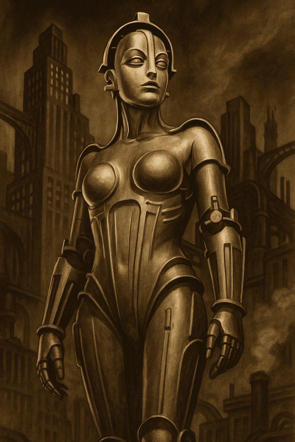 AI generated: Create an illustration of the iconic android from Fritz Lang's 1927 masterpiece 'Metropolis.' The an...