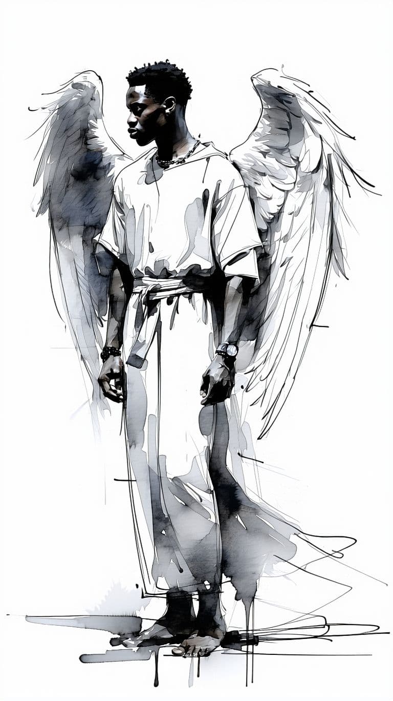 AI generated: Black and white ink sketch of a male angel with wings and a long white robe --ar 65:128 --stylize 75...
