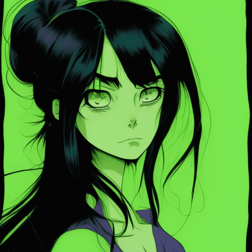 AI generated: a Woman with long messy black hair and big shoulders, with angry eyes, in the style of quirky manga ...