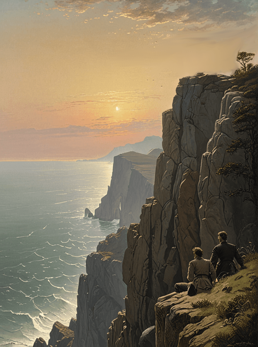 AI generated: a painting of two men on a cliff overlooking the ocean, german romanticism, by Caspar David Friedric...