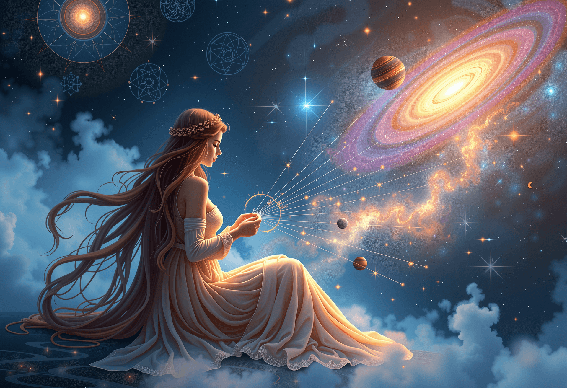 AI generated: A beautiful woman sits in a serene, ethereal space, gracefully weaving a tapestry of the universe. H...
