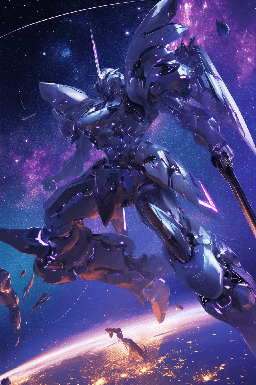 AI generated: giant mecha robot in the galaxy in defense mode with futuristic armors and wapons, the galaxy have t...