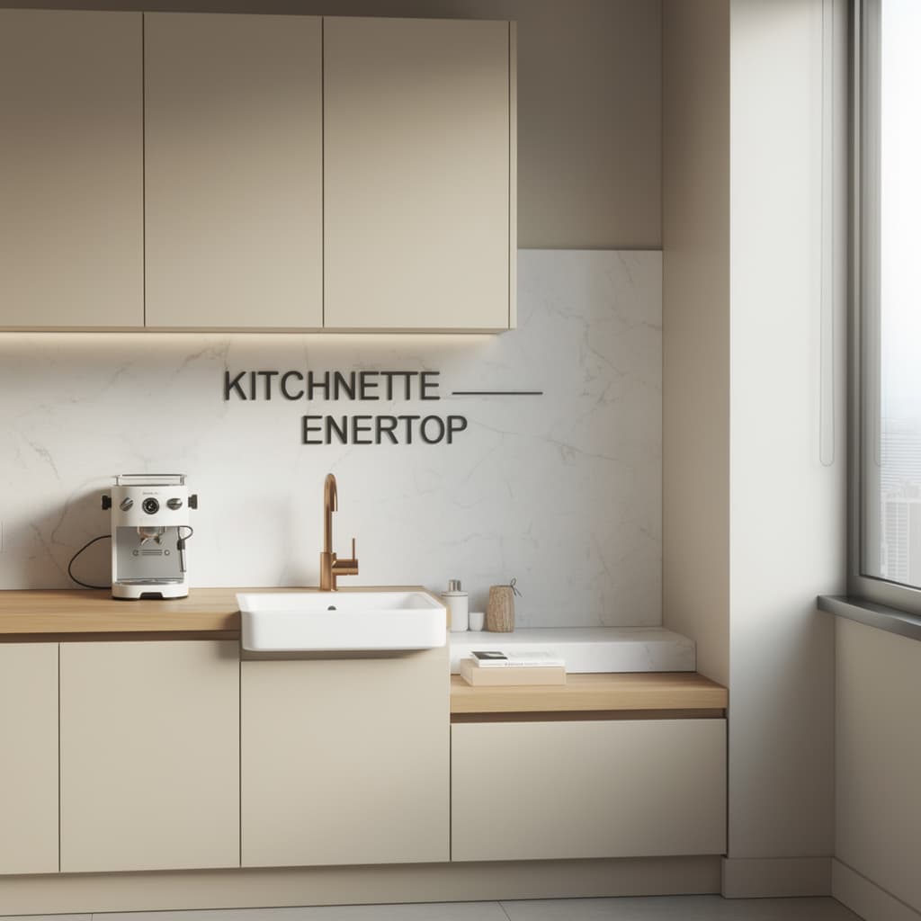 AI generated: modern kitchen, sleek eggshell light beige finishes, with a beige and wood, white marble, EF 24mm f/...