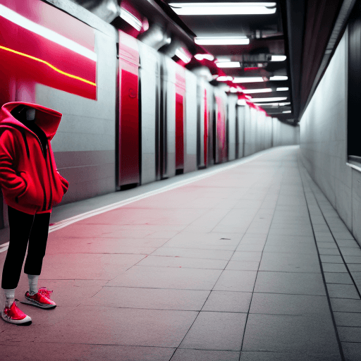 AI generated: conceptual phtography, Canon EOS-1D Mark III, aperture of f/5.6, crimson hoodied and crop pants with...