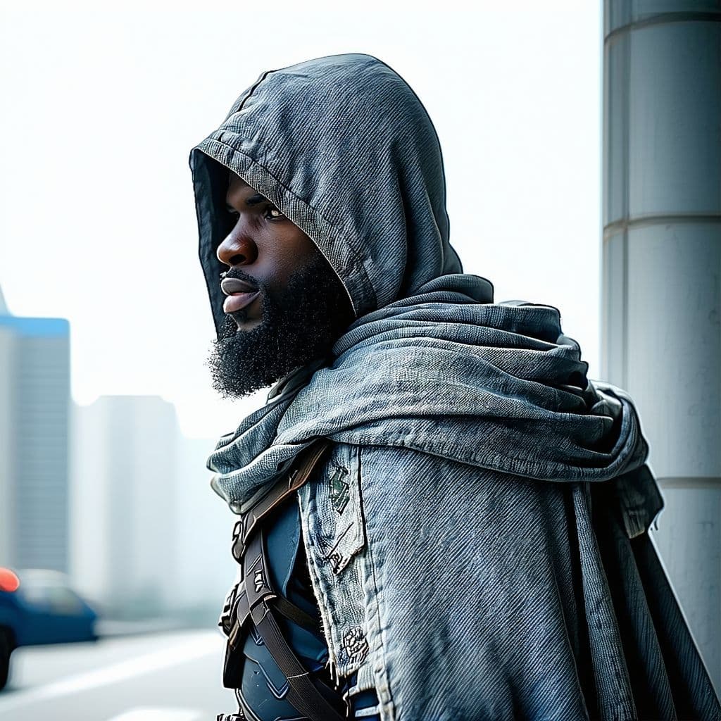 AI generated: man, hooded, looking over shoulder, modern clothes, warlord, beard