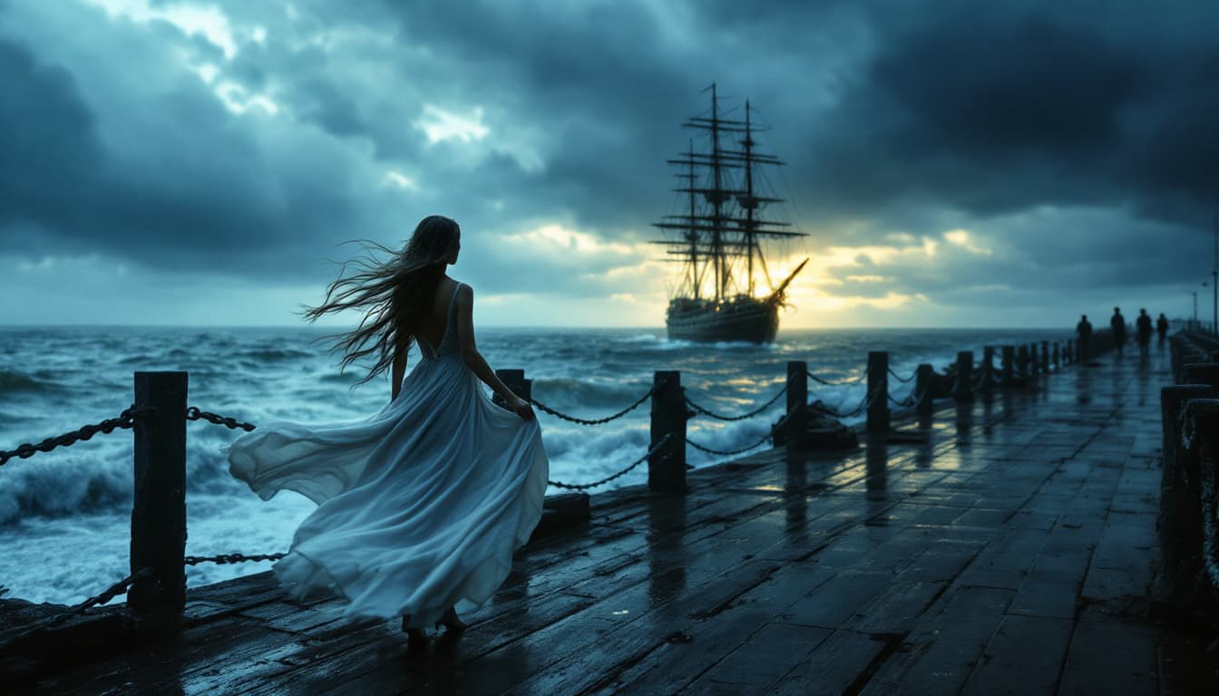 AI generated: Woman with dress blowing, on Old pier, stormy  day, looks the big ship sailing ,cinematic,deep field