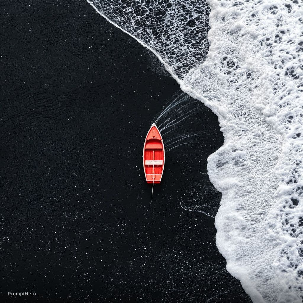 AI generated: small, red wooden boat rests on a dark, volcanic beach.  The boat is centered in the image, position...