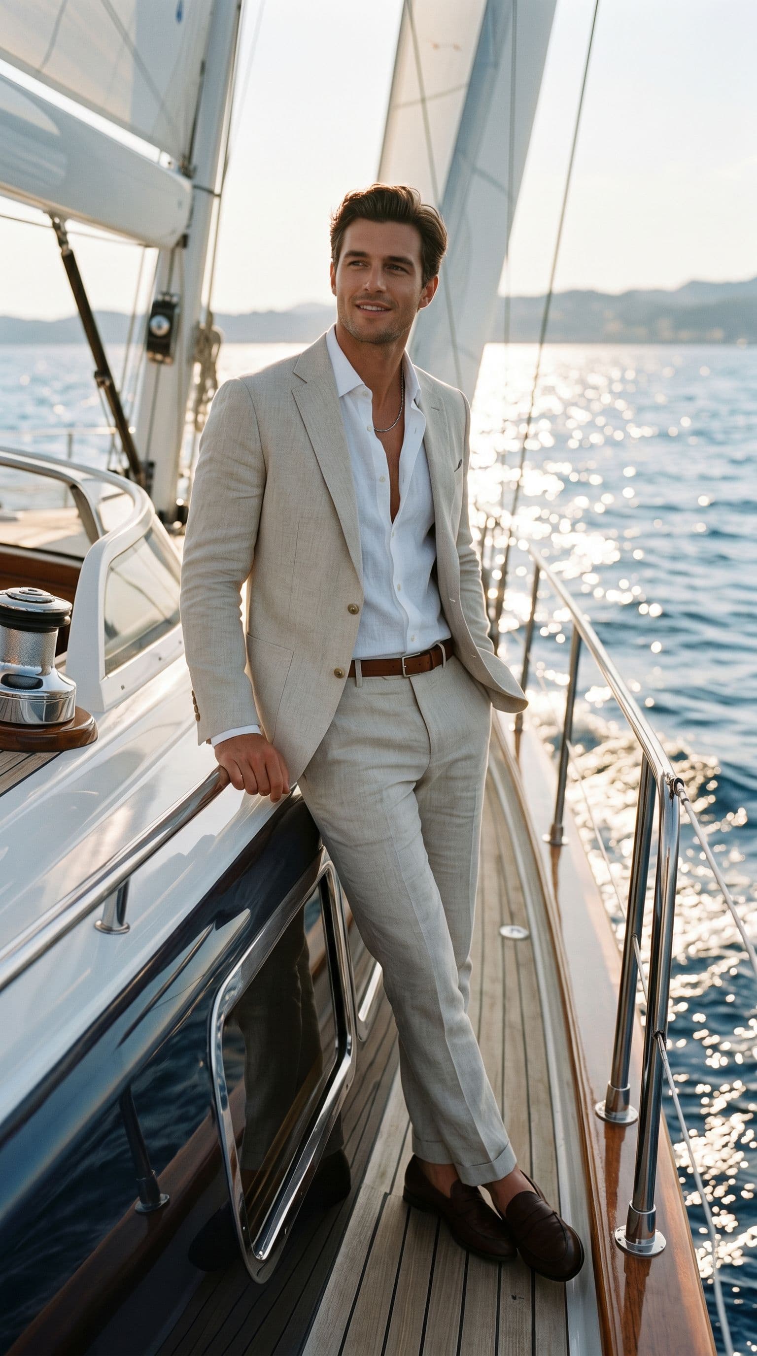 AI generated: Create a high-end fashion image of a male model wearing a tailored summer suit with an open shirt. P...