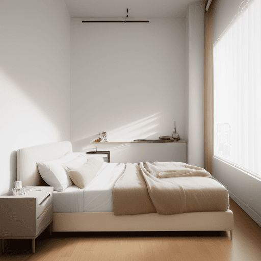 AI generated: cinematic, canon EOS 5d, minimalist apartment bedroom, modernism furnishings, beige and white tone, ...