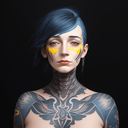 AI generated:  a woman with a colorful head tattooed on her face, in the style of cyclorama, dark blue and yellow,...