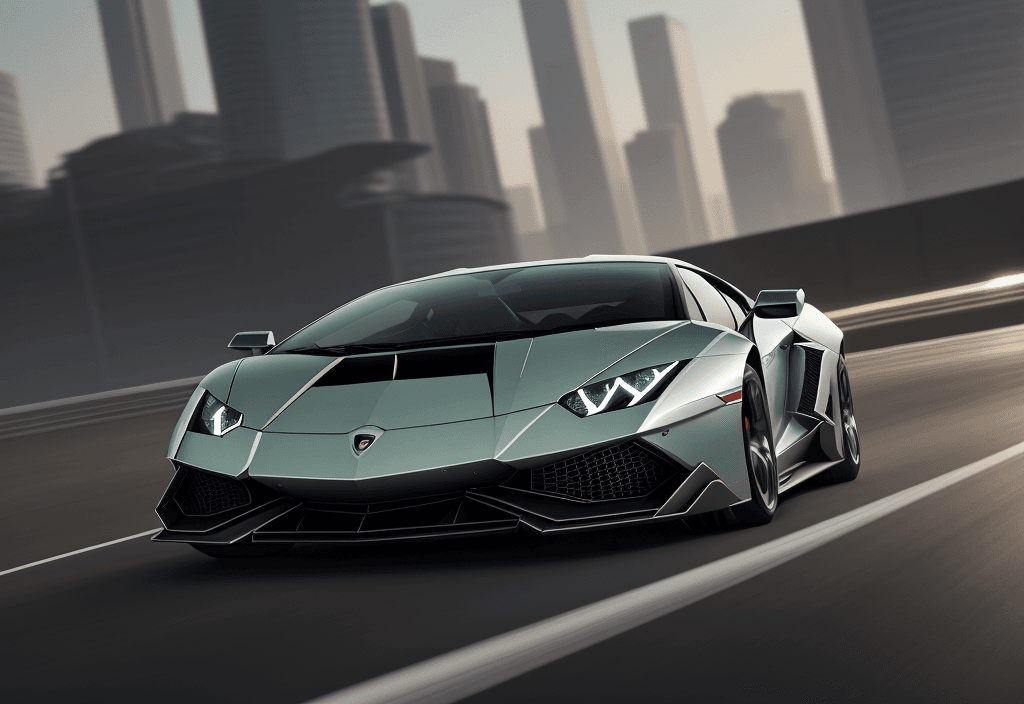 AI generated: professional photo of Lamborghini sports car in motion, tuned, need for speed, shiny metal, city in ...