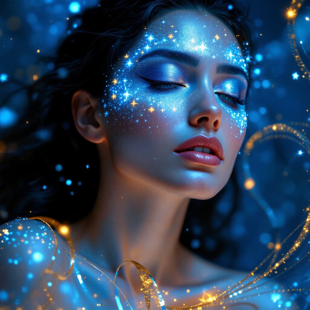 AI generated: Uma mulher deslumbrante com maquiagem de cristais azuis, os cristais cintilam como joias em seus olh...