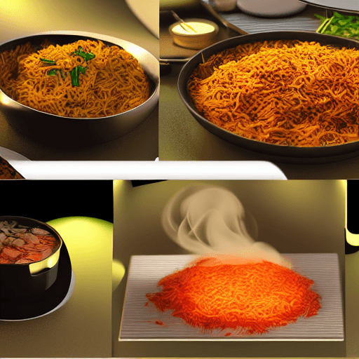 AI generated: briyani, night, japanese, neon light, volumetric smoke, volumetric light, octane render, food commer...