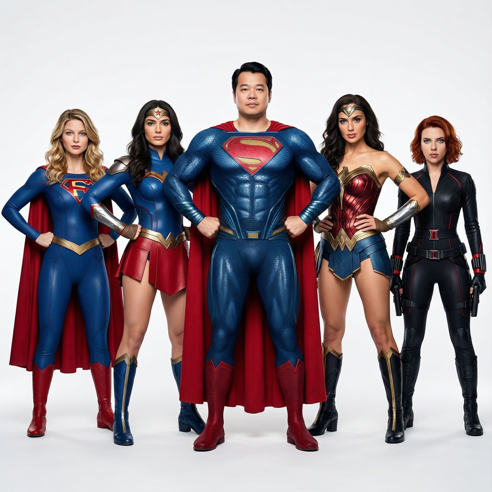 AI generated: A promotional image of five superheroes standing in a lineup against a white background. From left t...