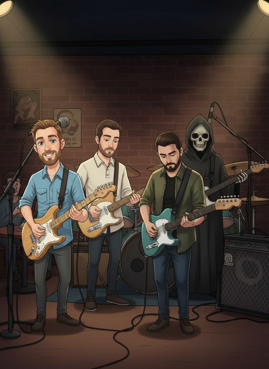 AI generated: Quiero que me hagas a estos 4 personajes en una imagen. Todos tienes sus instrumentos y la misma exp...