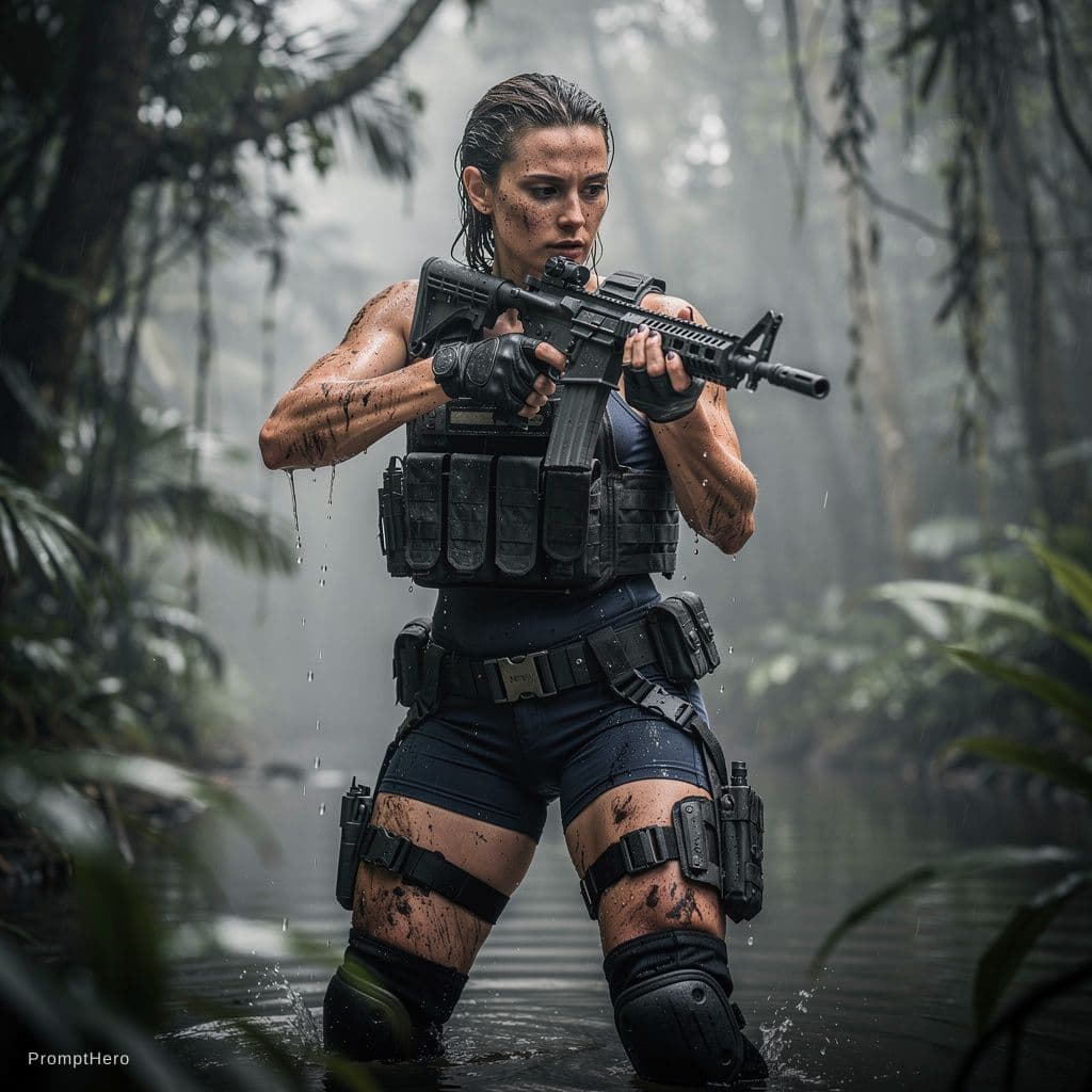 AI generated: A striking Caucasian female special-operations operative rises from a mist-covered jungle river, wat...