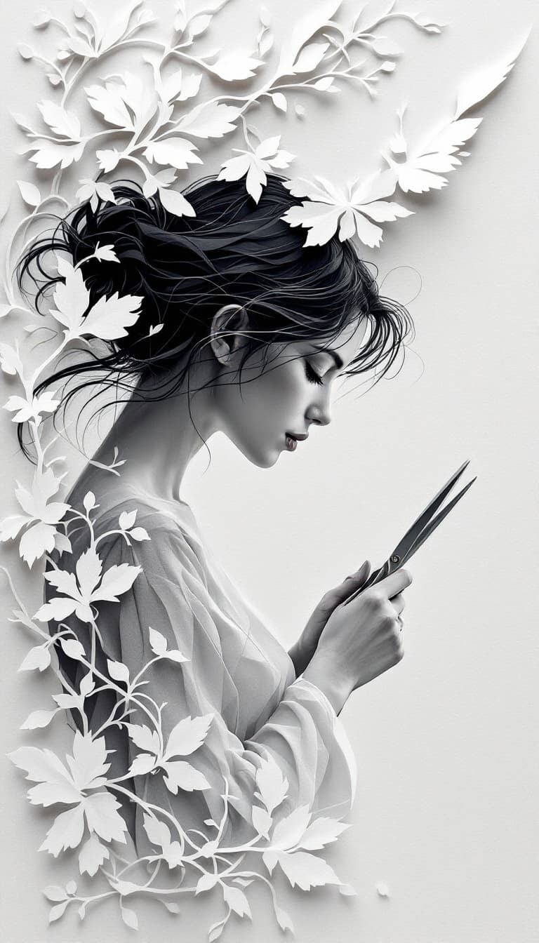 AI generated: Paper Cut Art, Intricate Layers, Delicate Forms, Intimate, Woman Holding Scissors Cutting, Concentra...