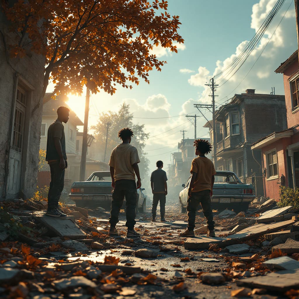 AI generated: ixar styled 3d 4k cinematic image of black kids in a ghetto neighborhood on property and cars being ...