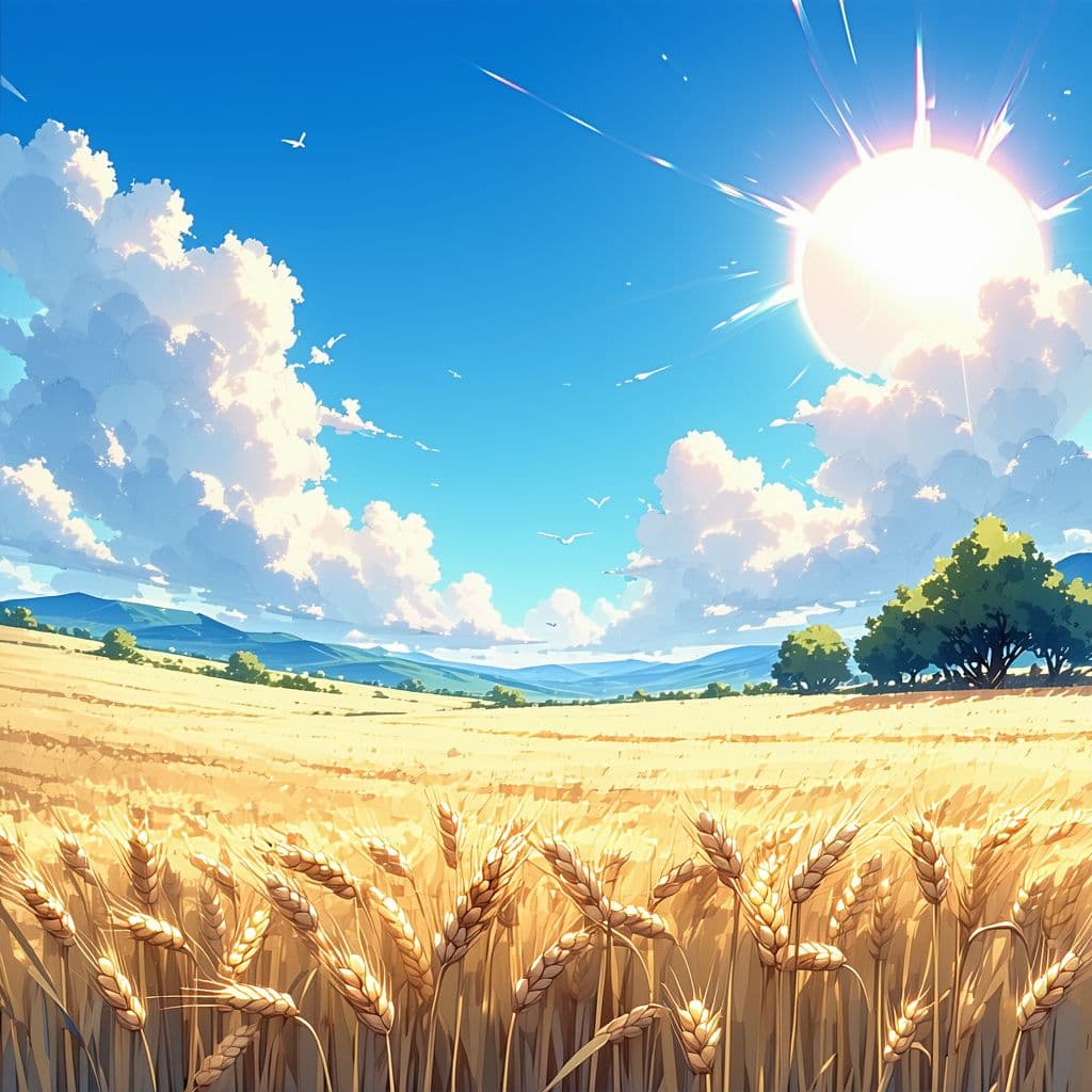AI generated: A landscape image depicting a wheat field, Blue calm sky with some clouds and the sun in an anime dr...