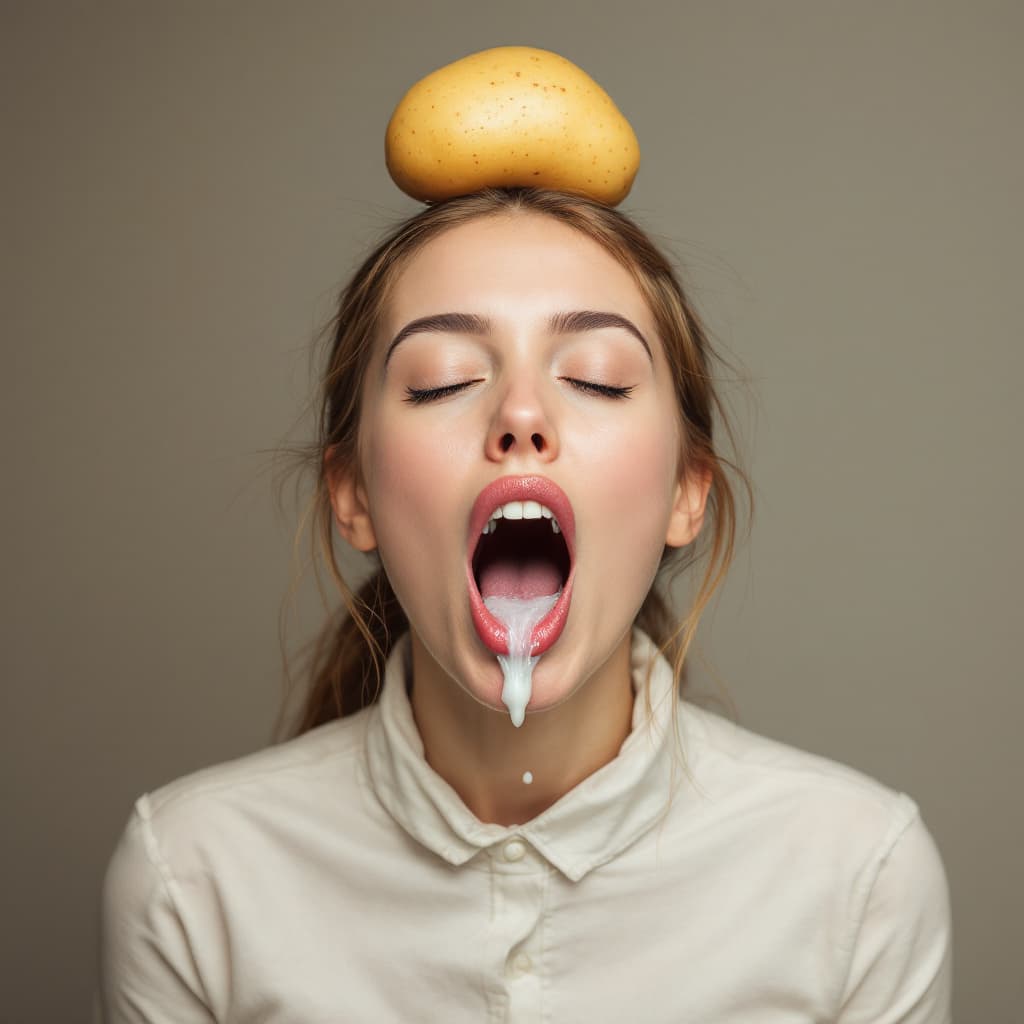 AI generated: A mouth foaming photo model with a small potato on her head.