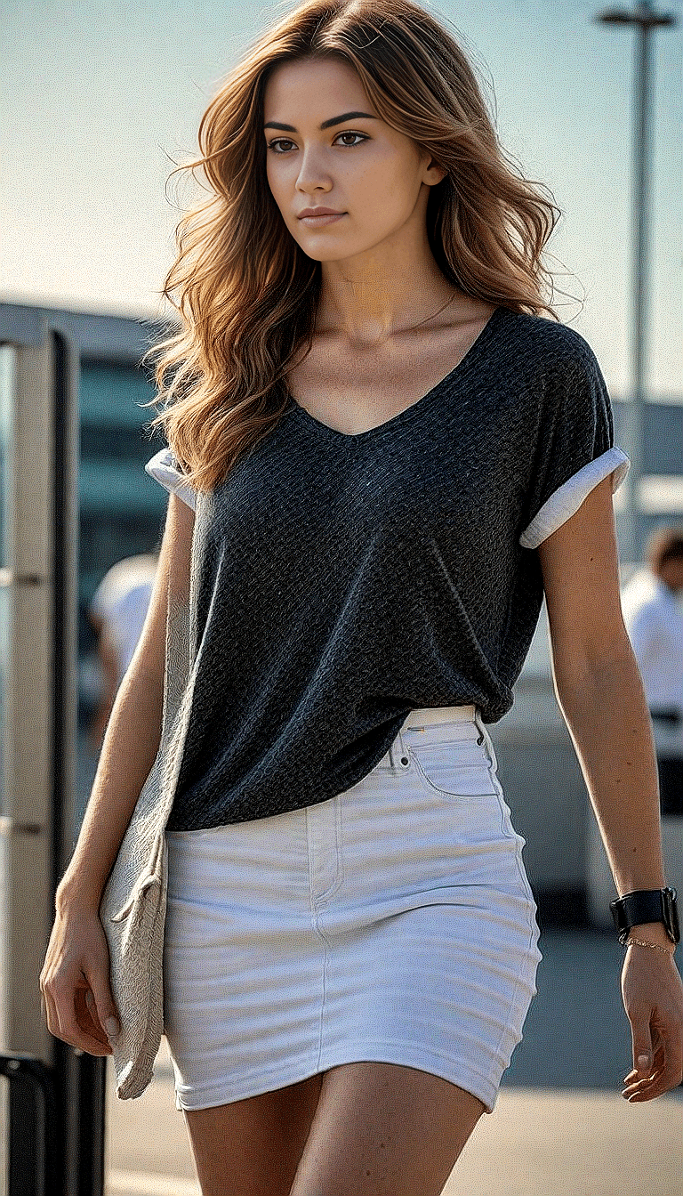 AI generated: An image of a young woman with wavy hair walking forward. She is slightly turned towards the camera,...
