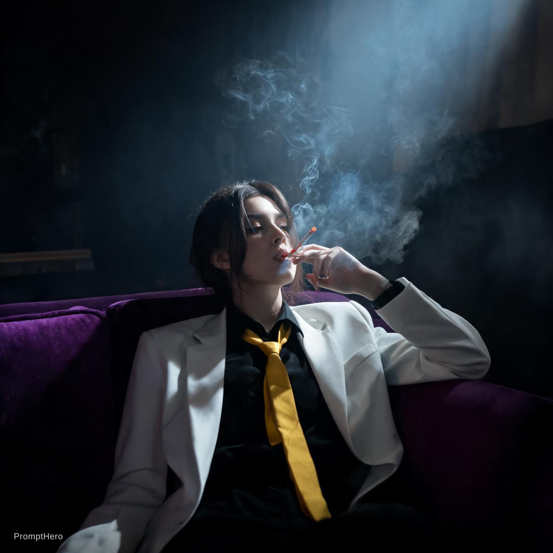 AI generated: snapshot, dimly lit room with a hazy atmosphere, capturing a female model lounging on a deep purple ...