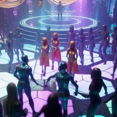 AI generated video: An alien nightclub setting showing characters, TAGG beings with no tails, dancing and moving in a fu...