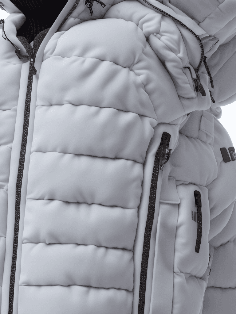 AI generated: milky Fubu winter puffer jacket, design trend, design by kanye west, on a white background, octane, ...