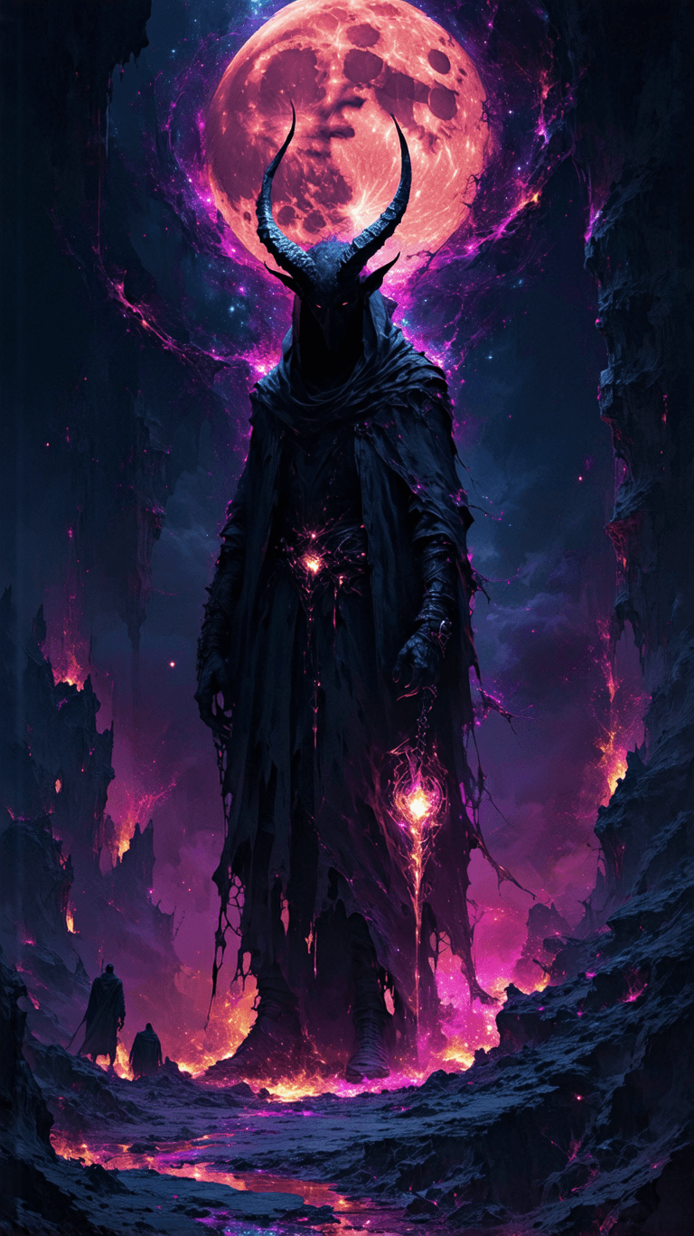 AI generated: A colossal, shadowy figure looms over a surreal, neon-lit underworld, its horns spiraling into infin...