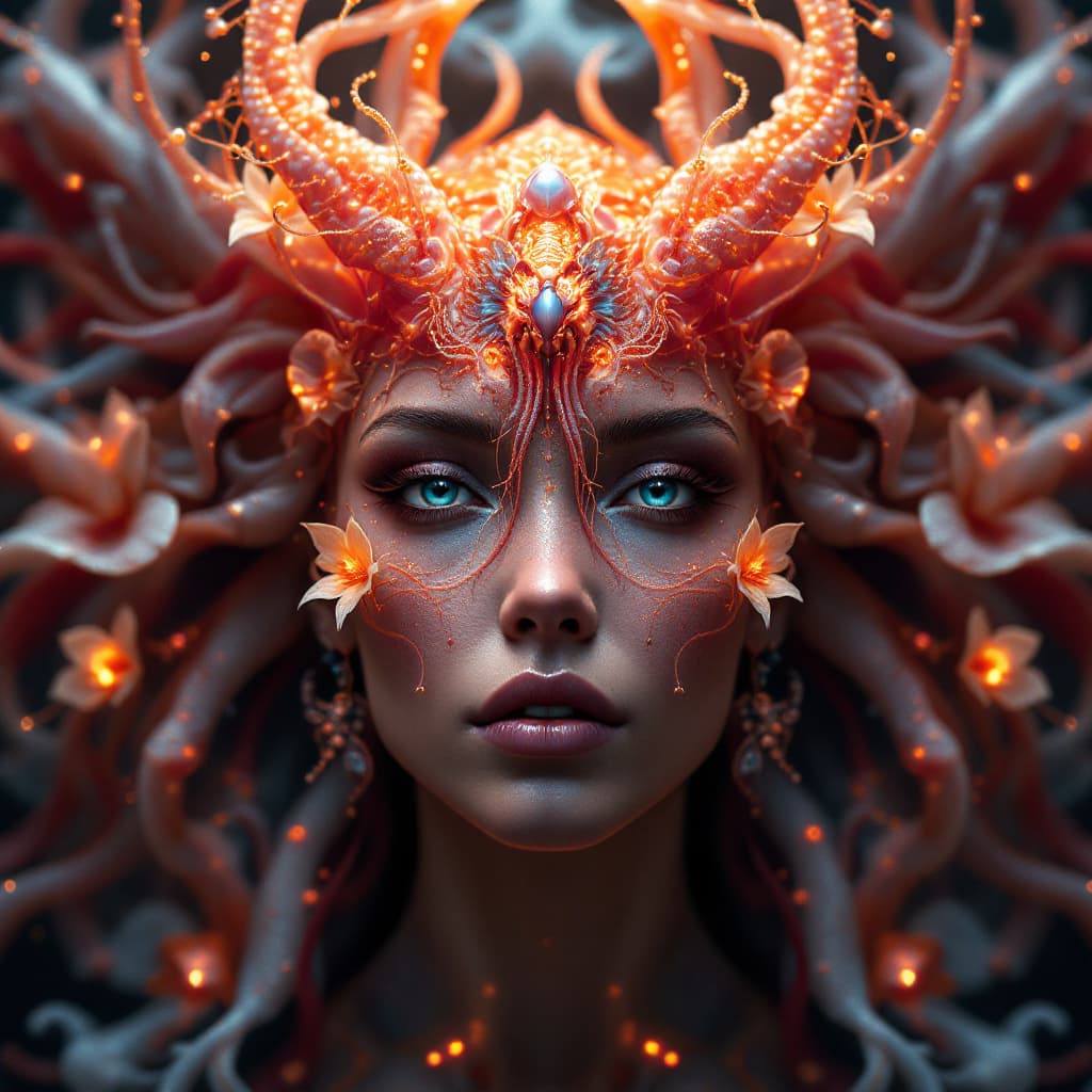 AI generated: Goddess close-up portrait ribcagel. jellyfish phoenix head, nautilus, orchid, skull, betta fish, bio...