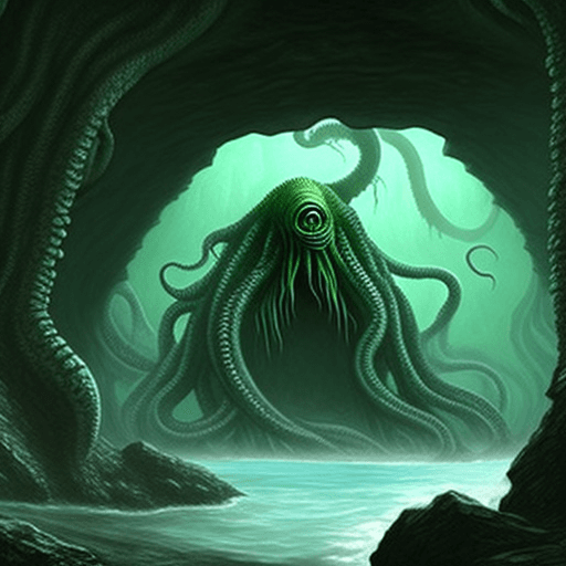 AI generated: cthulu, the future, the background resembles a monstruous cave, the style is ultra-realistic