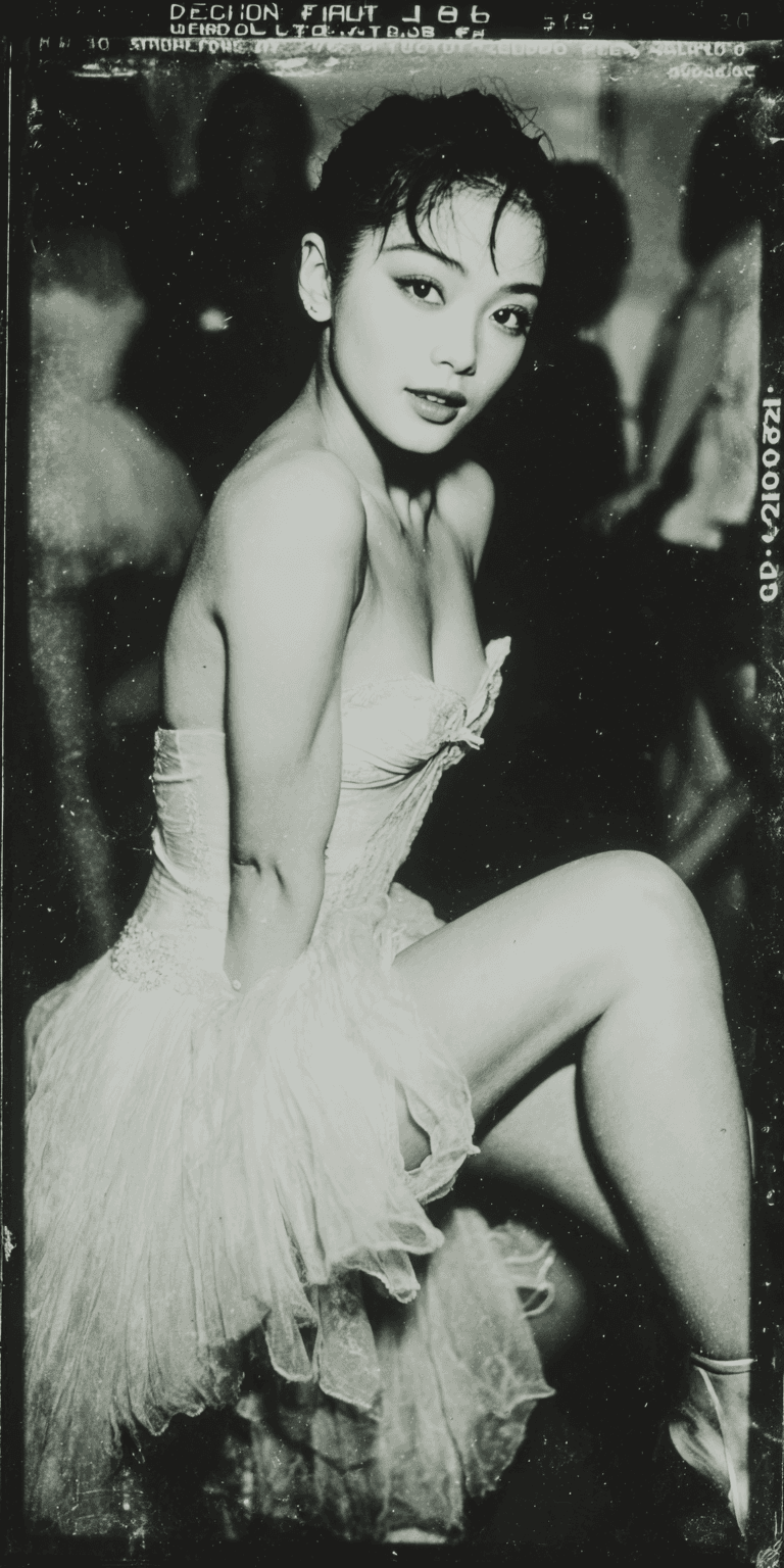 AI generated: a black-and-white studio portrait of a Japanese ballerina, with 35mm film grain, in the style of Ric...
