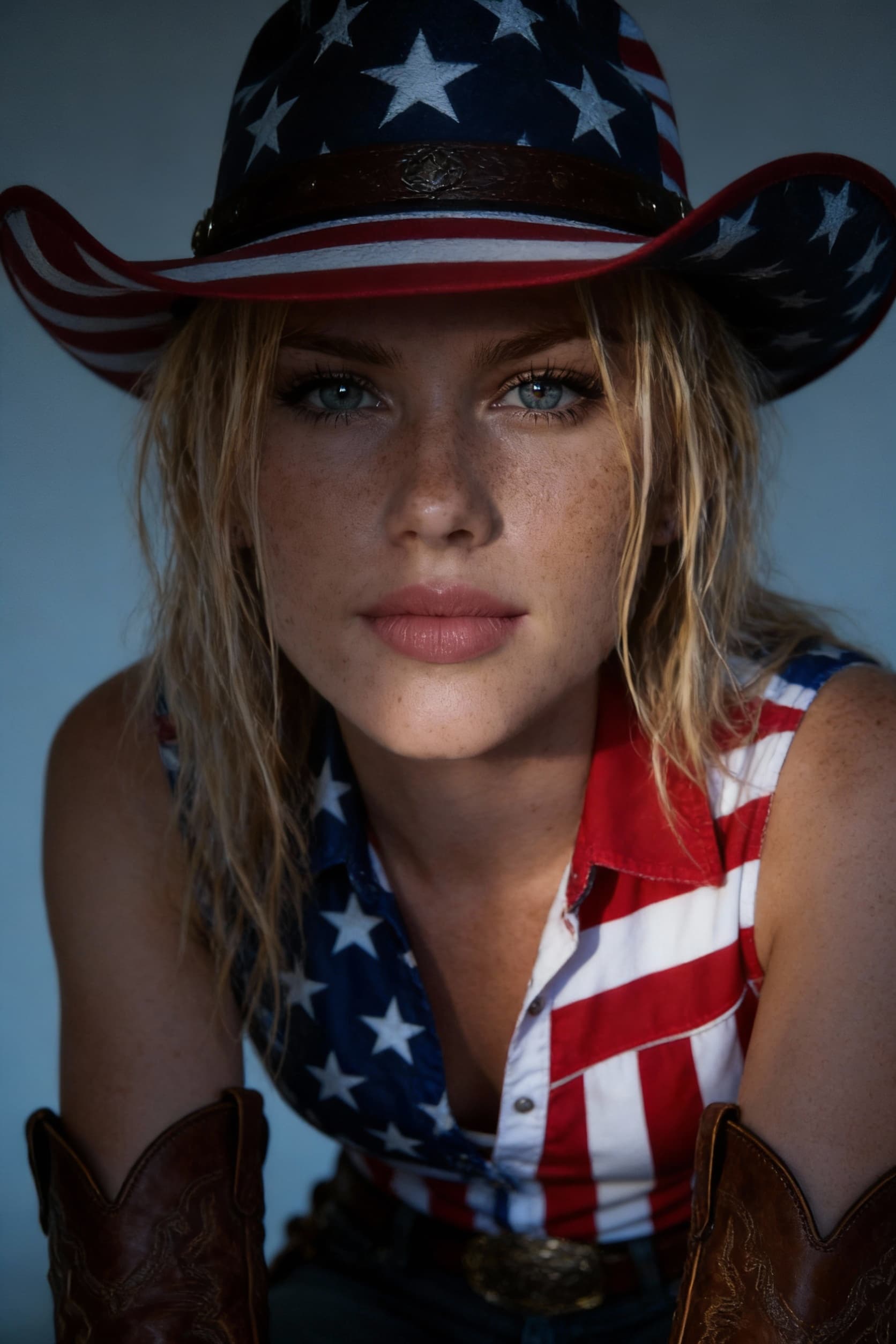 AI generated: A beautiful blonde woman wearing cowboy boots and a hat, looking at the camera. She is wearing red, ...