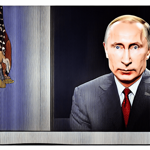 AI generated: Tucker Carlson sits and interviews Vladimir Putin, with Joe Biden hiding behind the curtain in the b...