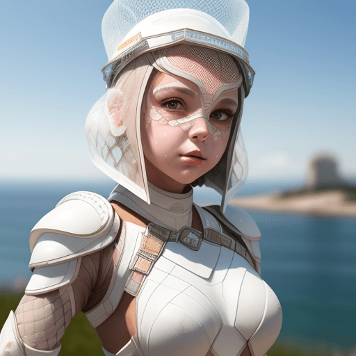 AI generated: kambucha girl, sequins on the face, mesh skin, cute face, white armor, pose, thin thallus, horizon, ...