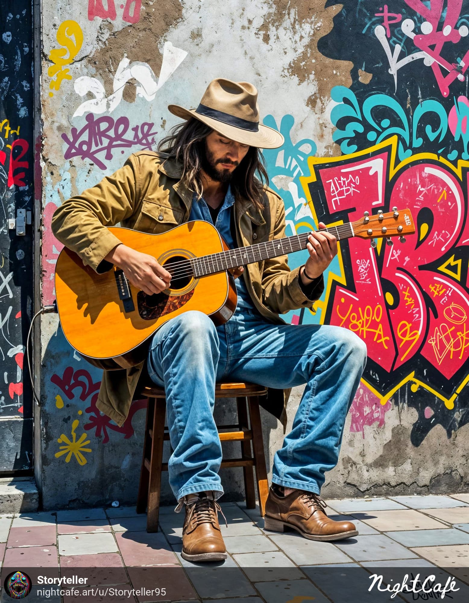 AI generated: he is a street guitarist,dutch angle,,amazing details,amazing composition,amazing street art on wall