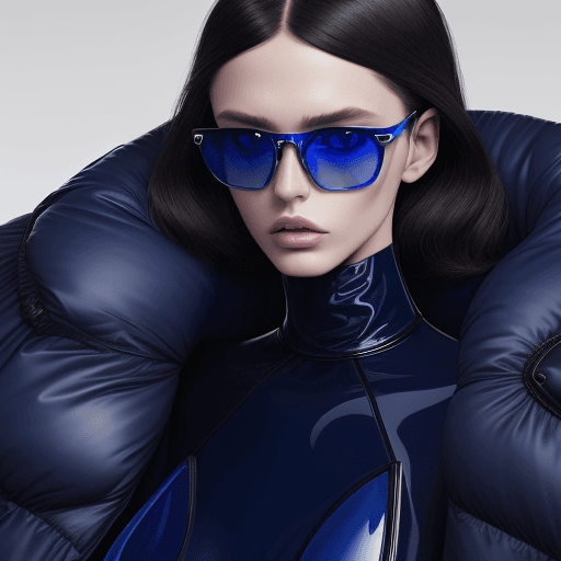 AI generated: Fashion shoot, Jacquemus and Moncler collaboration: dark blue translucent futuristic sunglasses, hyp...