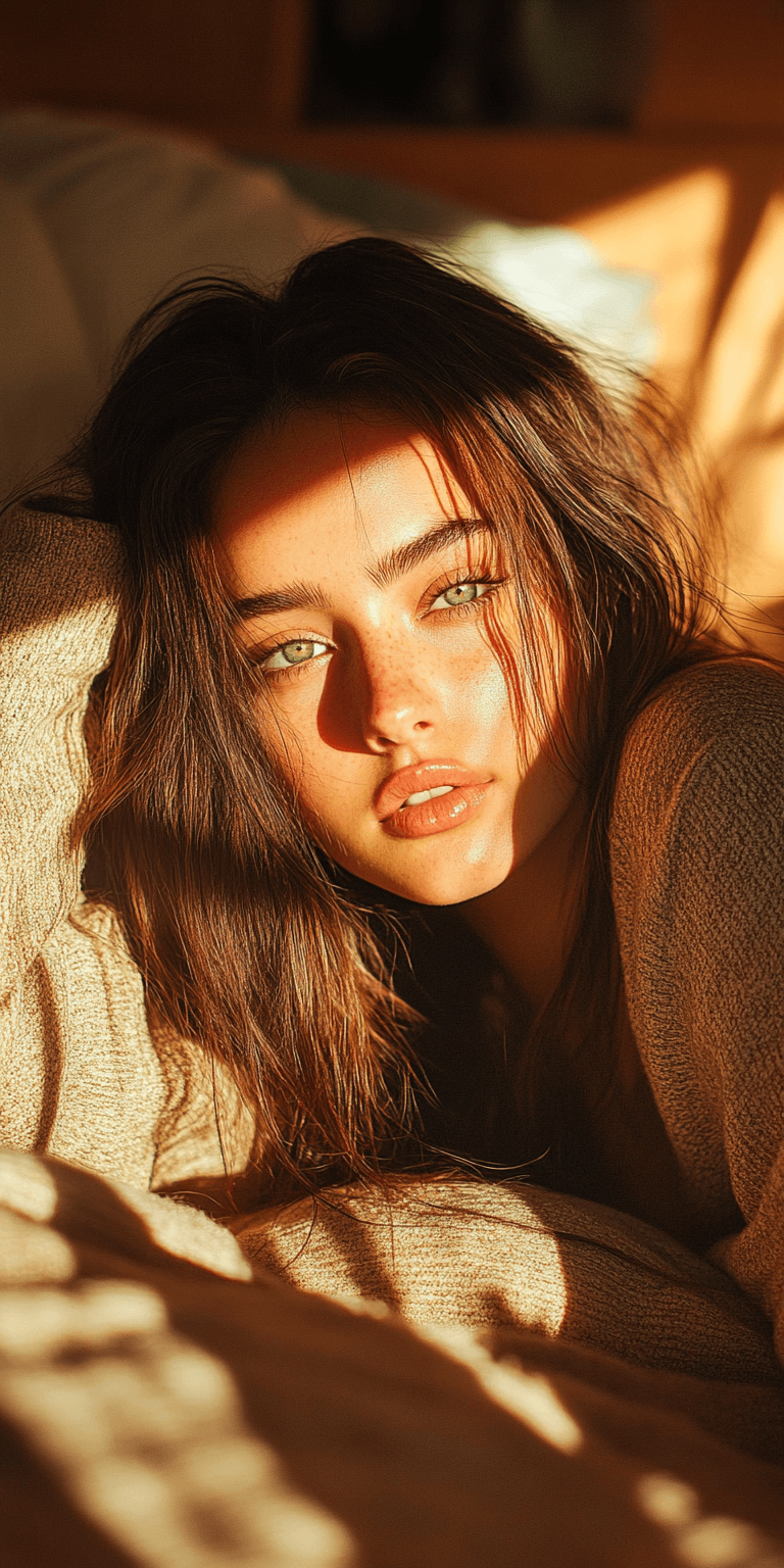 AI generated: a woman with long hair laying in bed, in the style of yigal ozeri, anamorphic lens flare, bella kota...