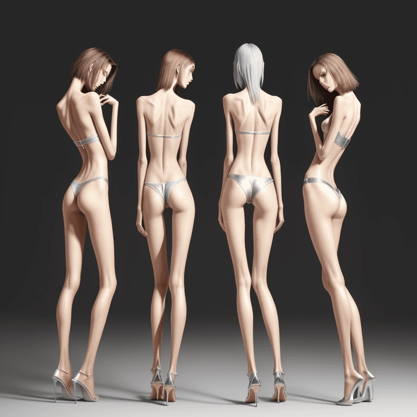 AI generated: photo of three an extremely skinny, flat-chested models with extreme long and skinny legs with extre...