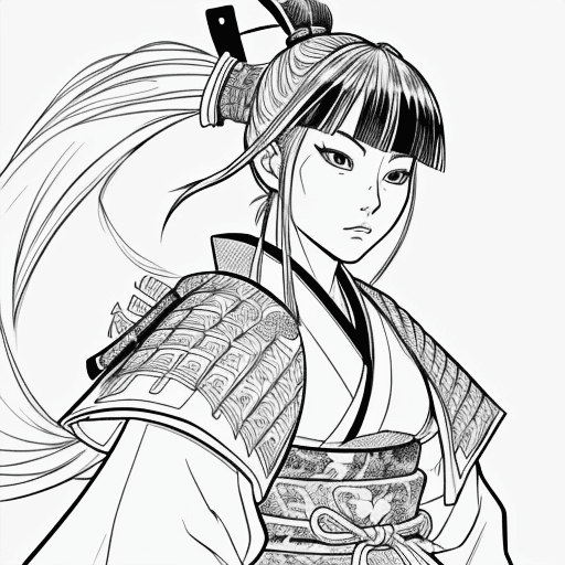 AI generated: Generate a coloring page of an samurai manga girl. 