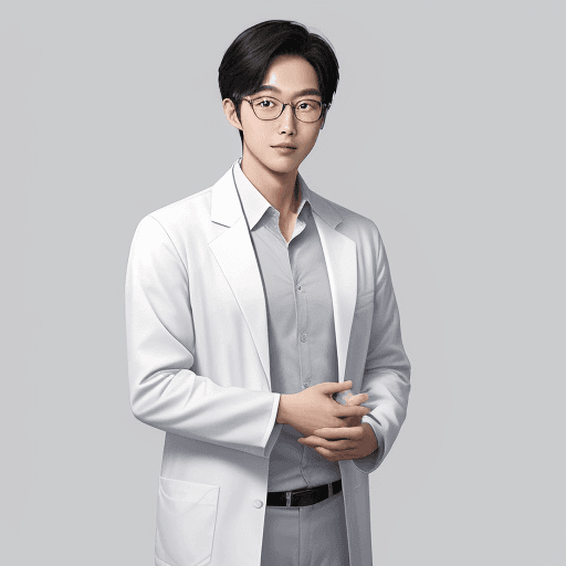 AI generated: confident and handsome South Korean male researcher wearing a white lab coat, a white shirt, and gre...