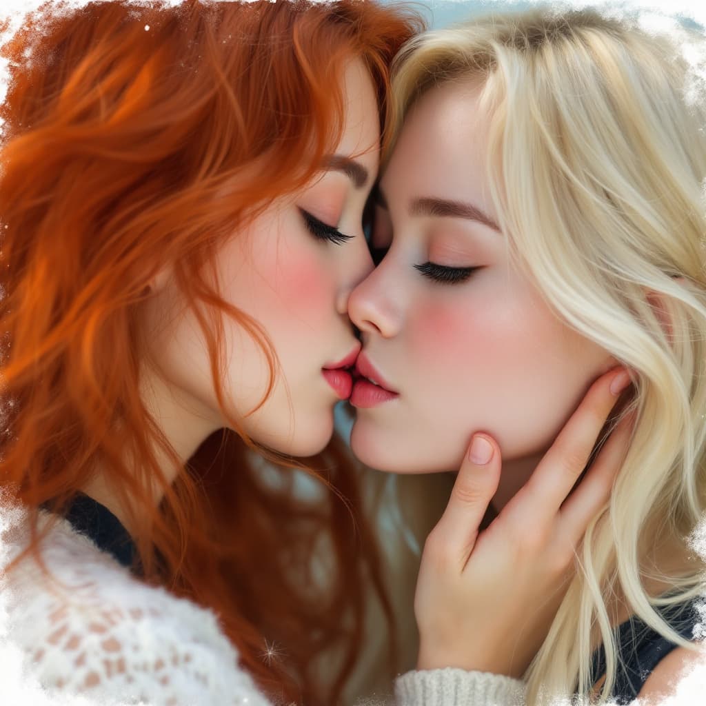 AI generated: An asian girl kissing a red-headed girl with pale skin and a blonde girl, realistic